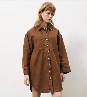 Cotton Denim Shirt Coat - Rust Brown