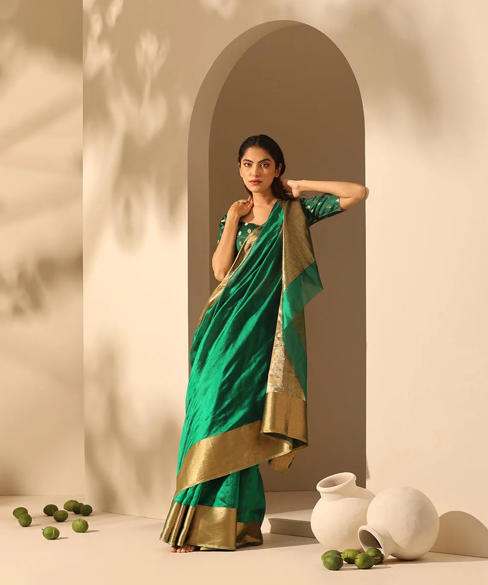 Dark Green Handloom Pure Plain Chanderi Saree With 6 Inches Border