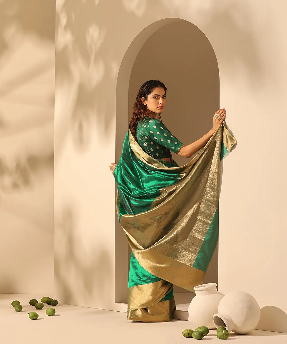 Dark Green Handloom Pure Plain Chanderi Saree With 6 Inches Border