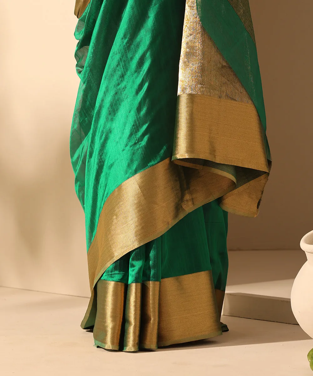 Dark Green Handloom Pure Plain Chanderi Saree With 6 Inches Border