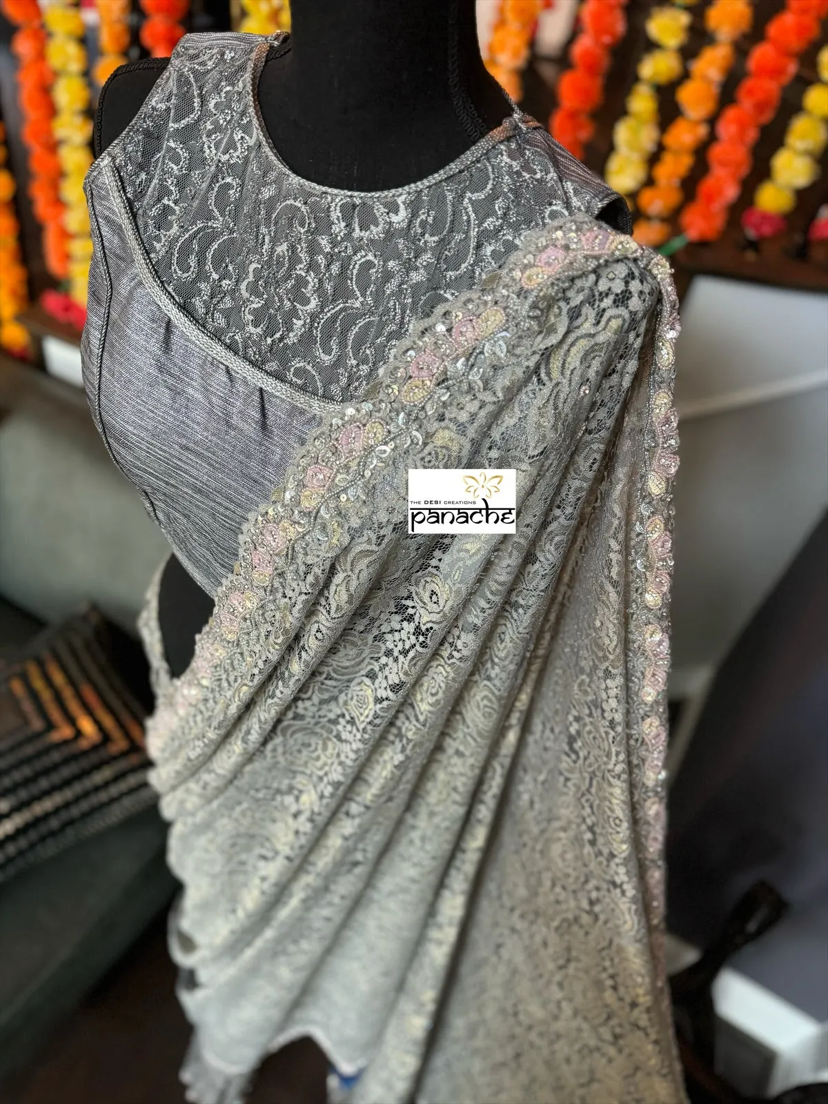 Designer Chantily Lace Saree - Grey Hand Embroidered