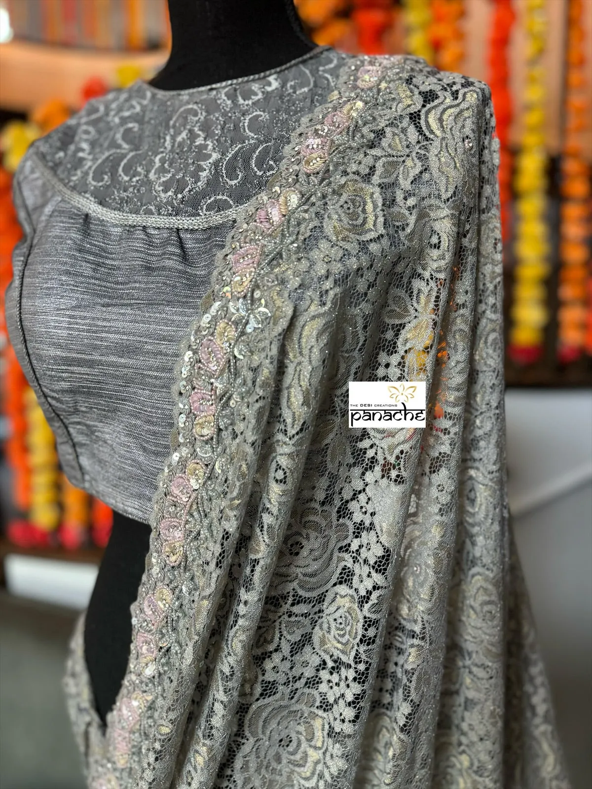 Designer Chantily Lace Saree - Grey Hand Embroidered