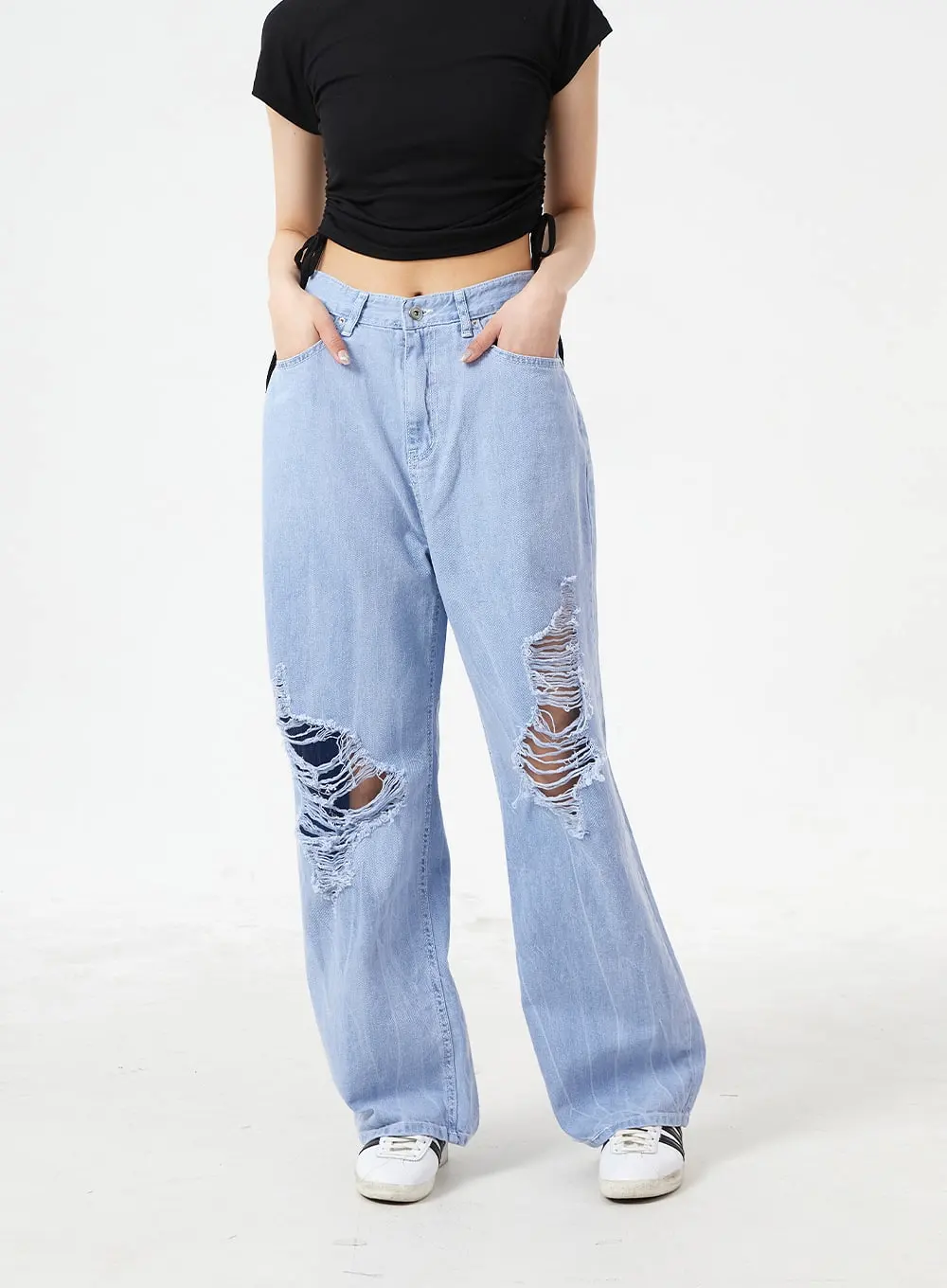 Destroyed Wide Leg Cotton Pants BM304