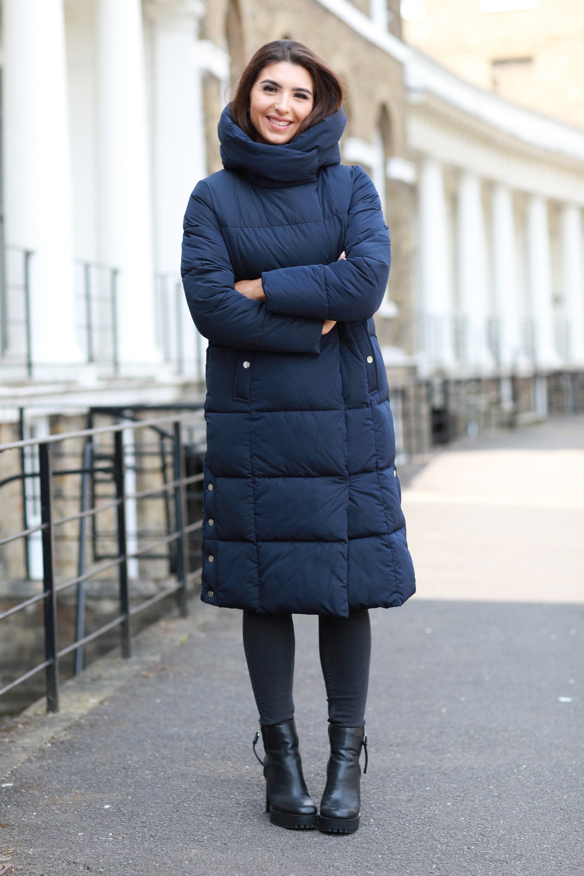 Double Second Navy Long Lux Wrap Puffer Coat