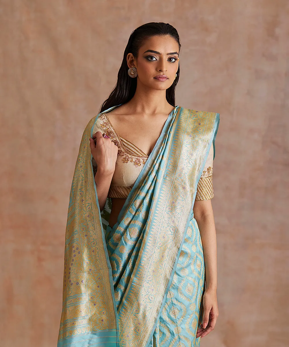 Dust Blue Handloom Pure Katan Silk Banarasi Saree With Meenakari Jaal And Border