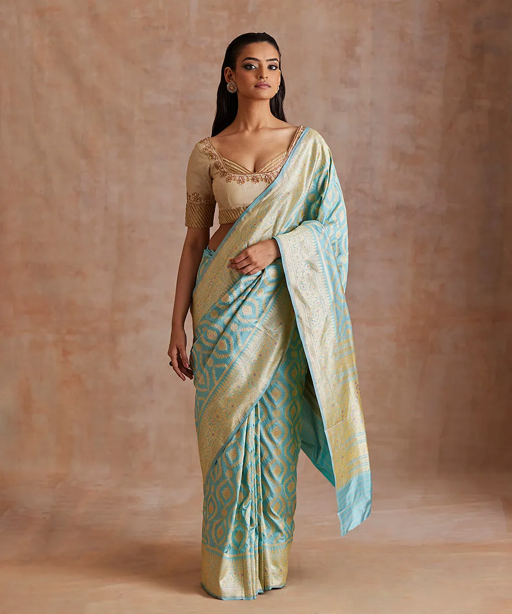 Dust Blue Handloom Pure Katan Silk Banarasi Saree With Meenakari Jaal And Border