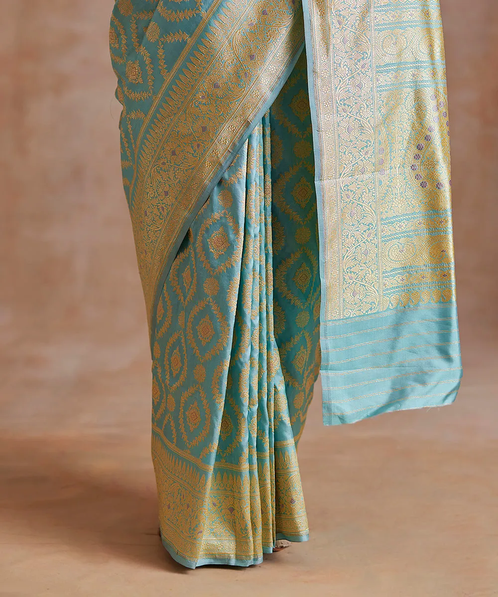 Dust Blue Handloom Pure Katan Silk Banarasi Saree With Meenakari Jaal And Border