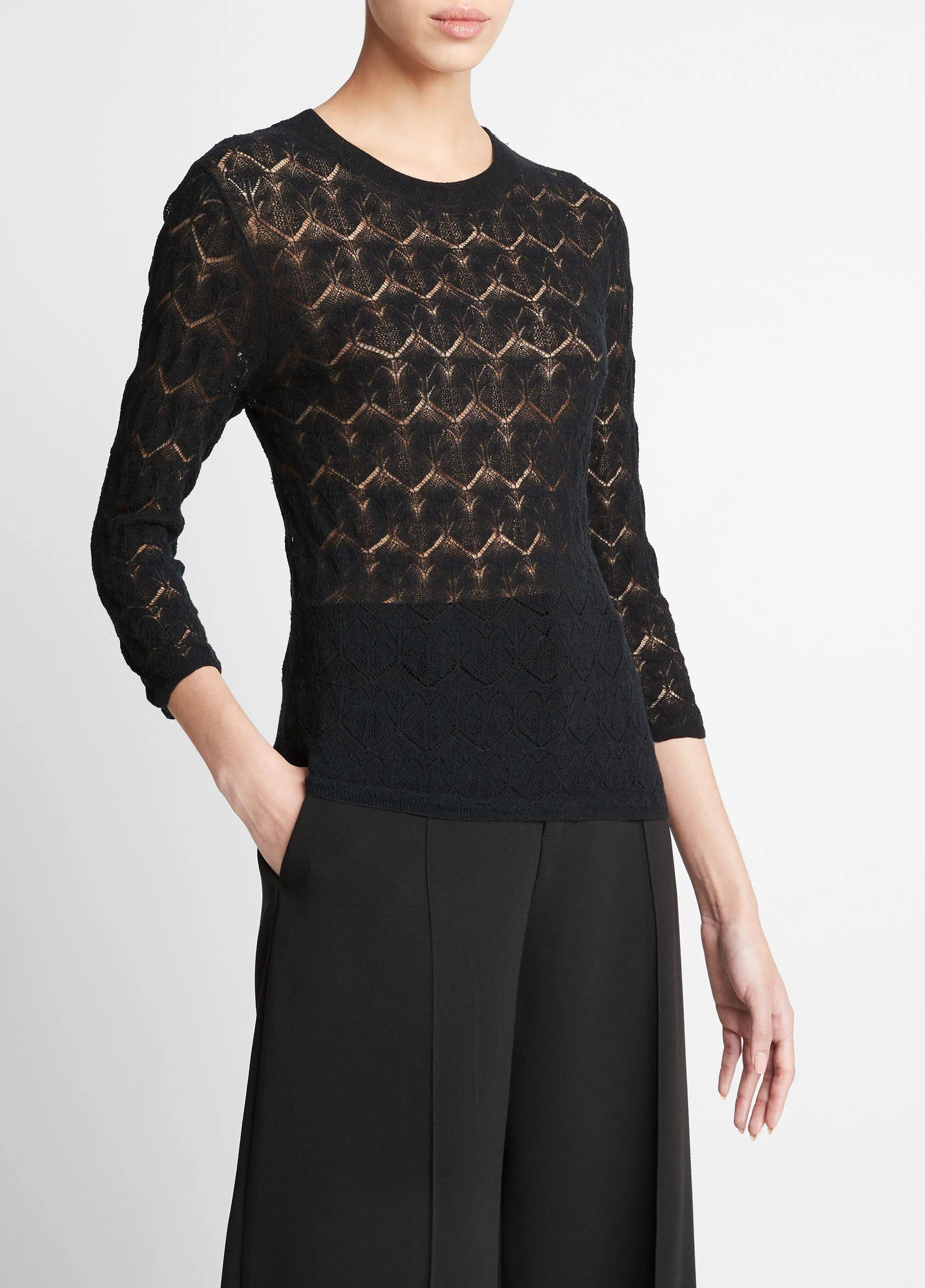 Fine Lace Cotton Three-Quarter-Sleeve Sweater