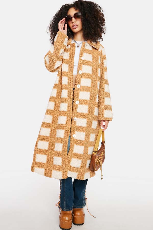 Glamorous Camel Checkered Sherpa Coat