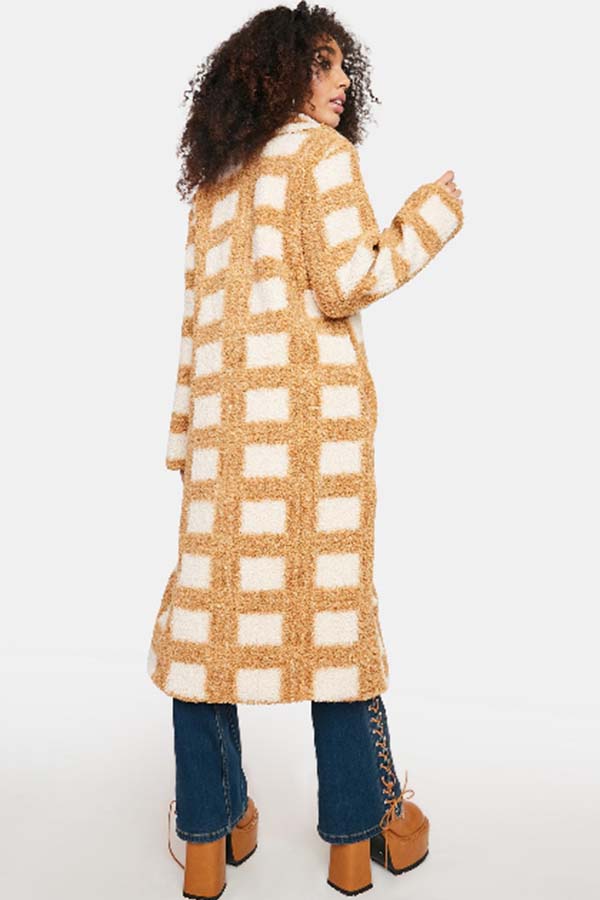 Glamorous Camel Checkered Sherpa Coat