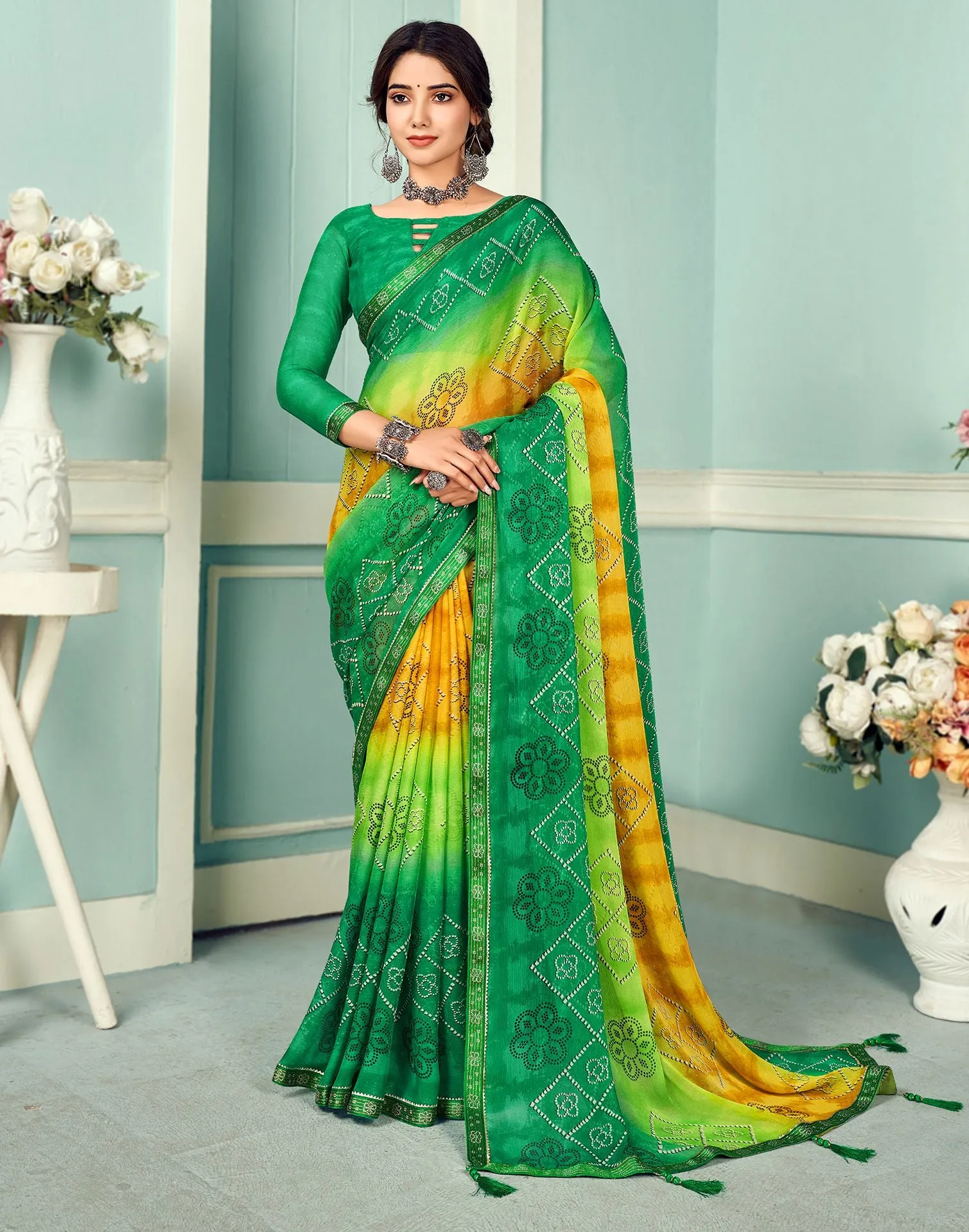 Green Bandhani Saree