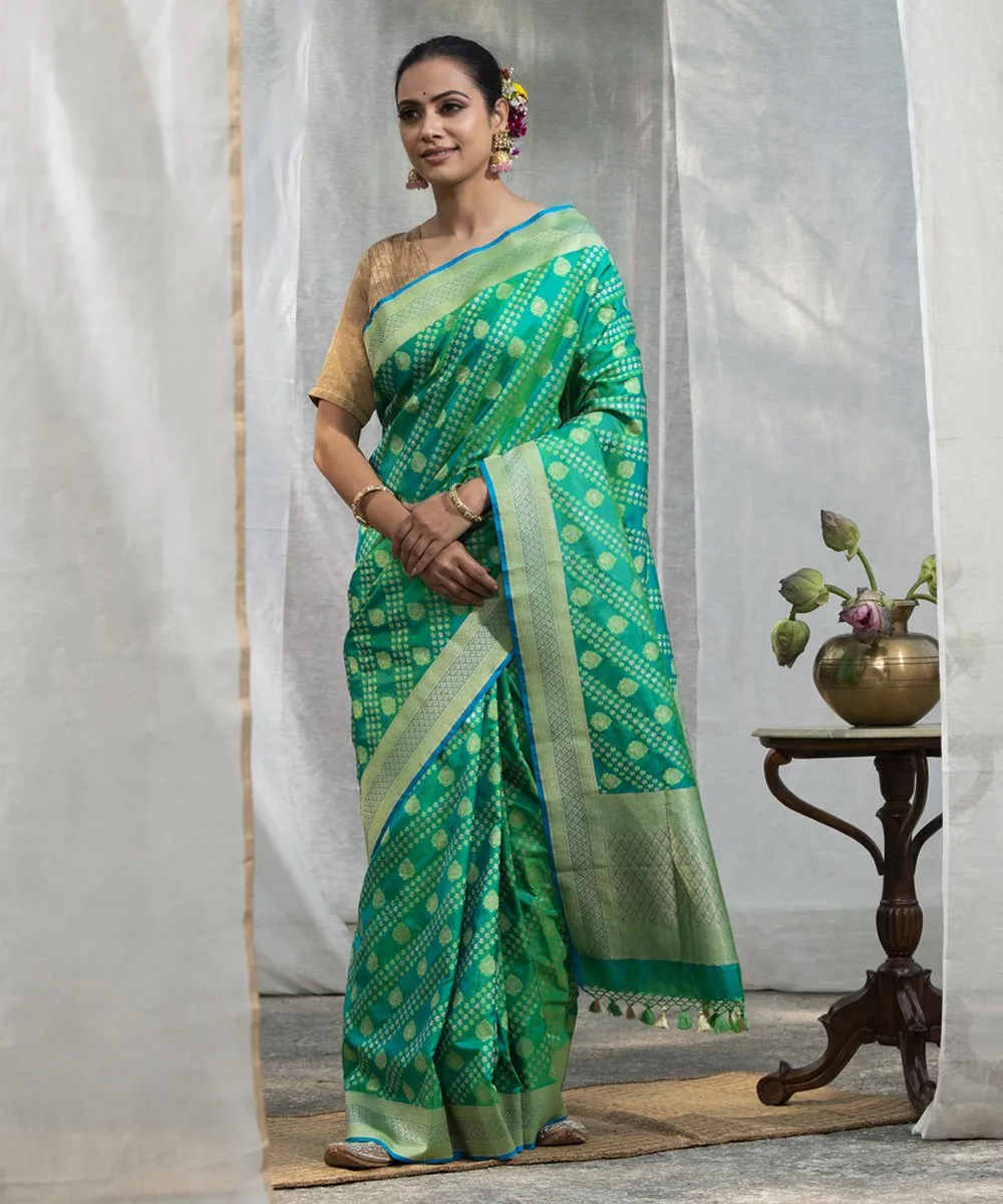 Green Handloom Pure Katan Silk Banarasi Saree with Embossed Weave