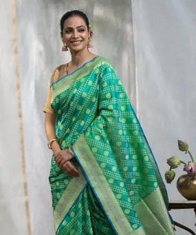 Green Handloom Pure Katan Silk Banarasi Saree with Embossed Weave