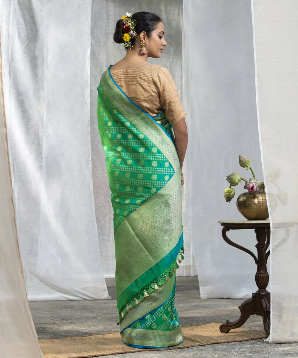 Green Handloom Pure Katan Silk Banarasi Saree with Embossed Weave