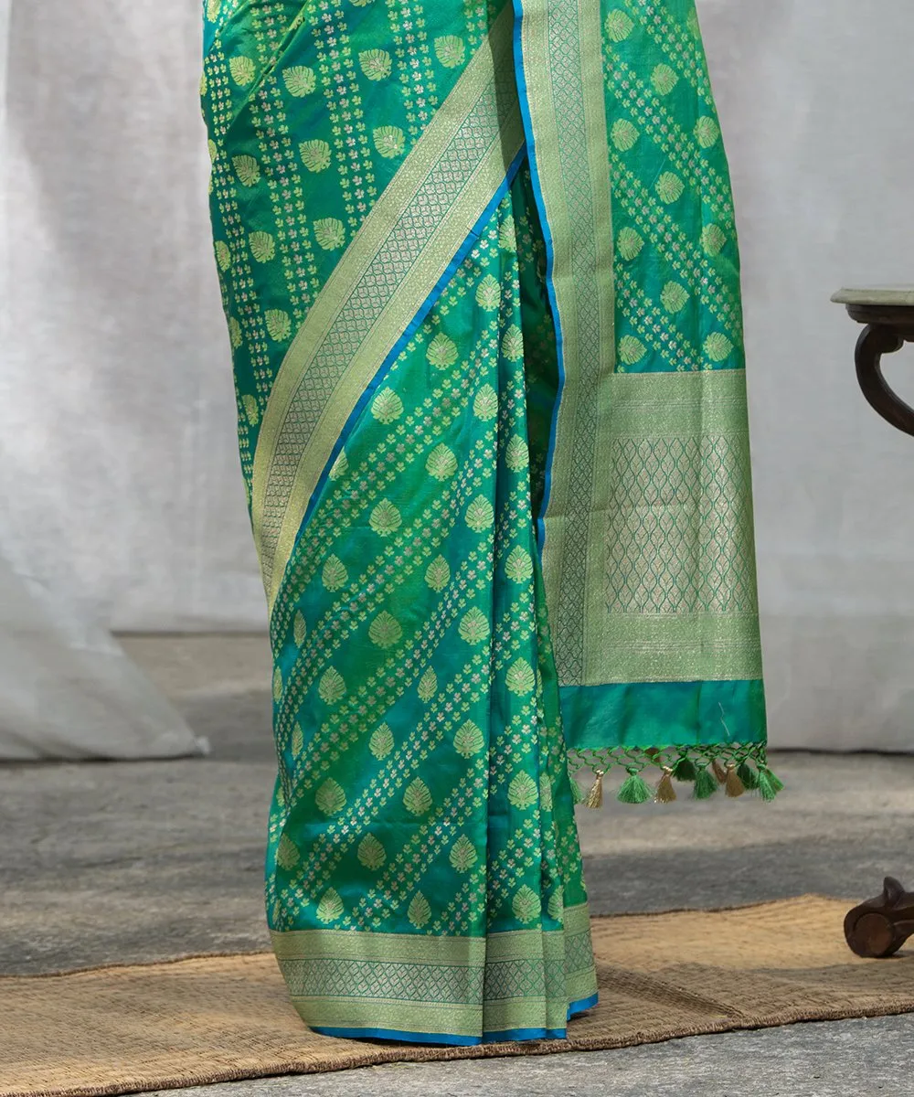 Green Handloom Pure Katan Silk Banarasi Saree with Embossed Weave