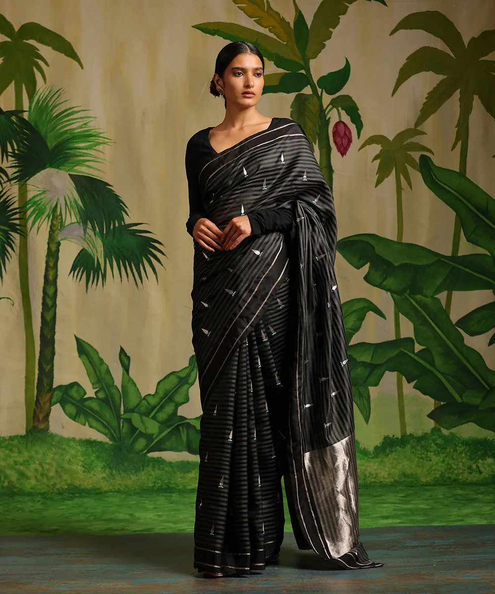 Handloom Black Striped Pure Chanderi Silk Saree With Tilak Meenakari Booti