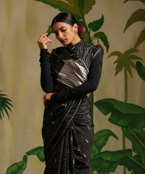 Handloom Black Striped Pure Chanderi Silk Saree With Tilak Meenakari Booti