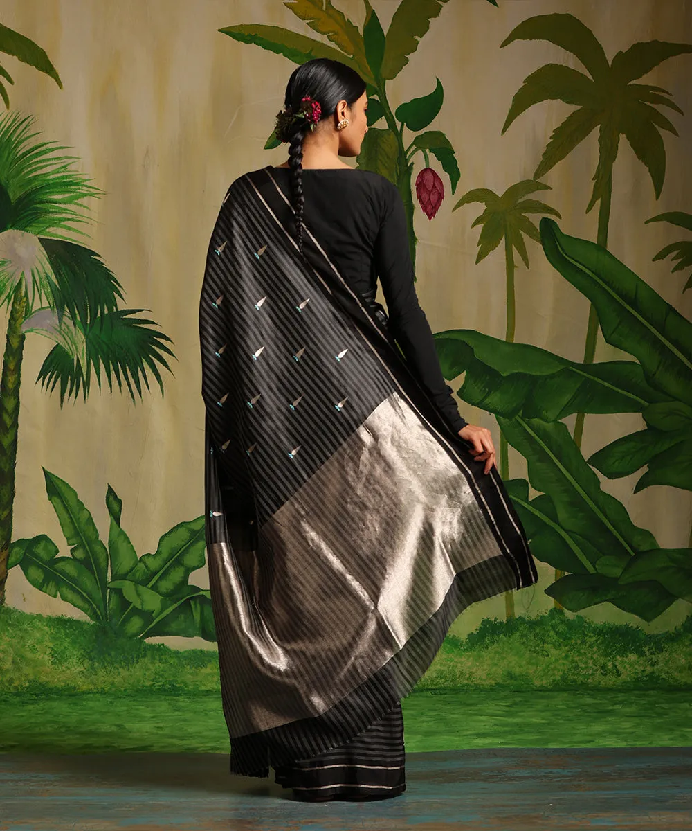 Handloom Black Striped Pure Chanderi Silk Saree With Tilak Meenakari Booti