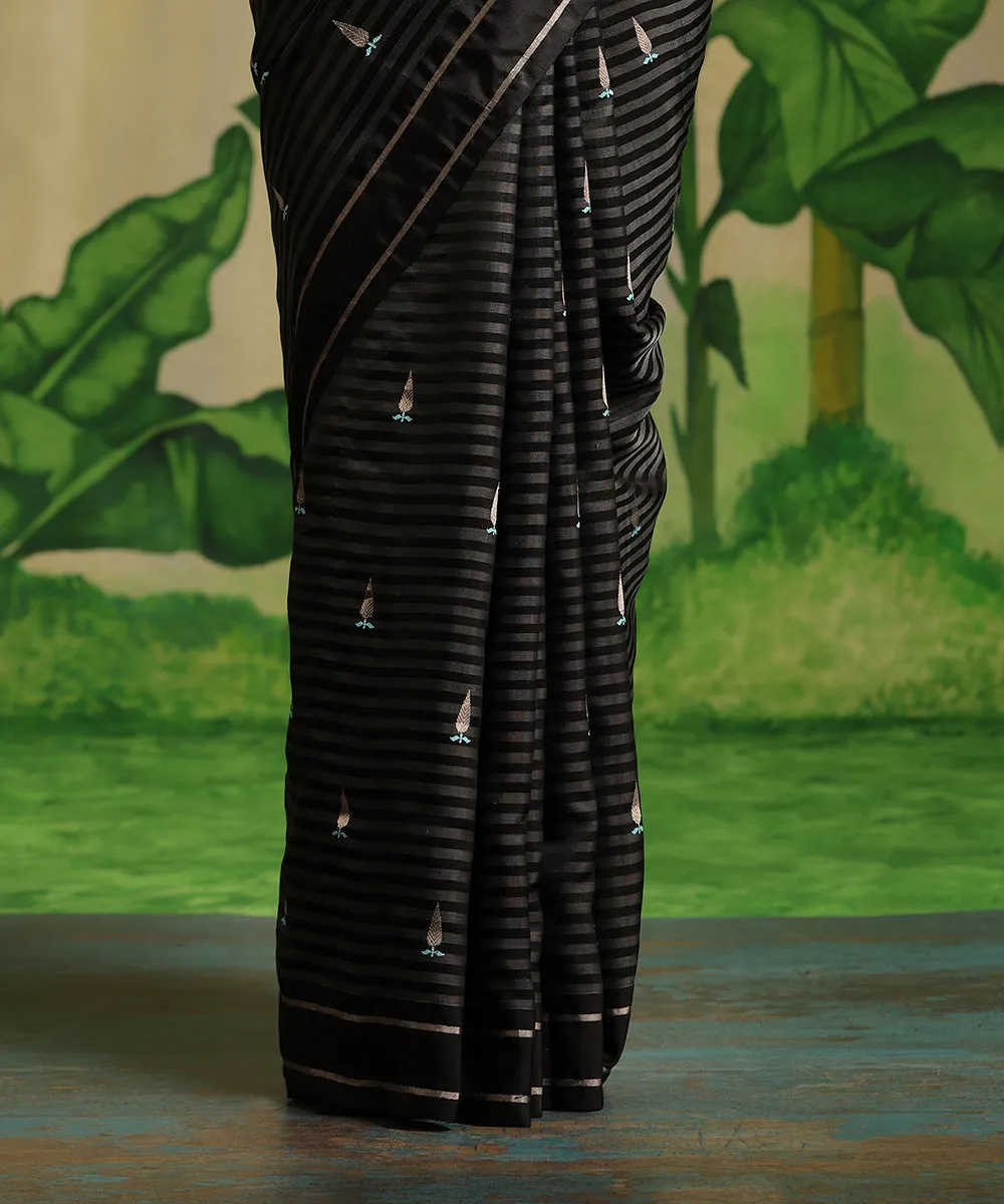 Handloom Black Striped Pure Chanderi Silk Saree With Tilak Meenakari Booti