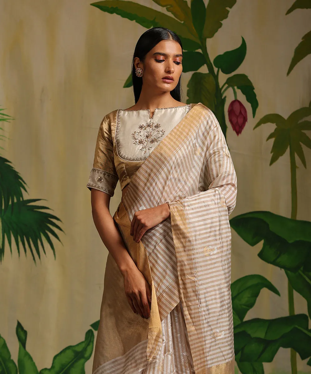 Handloom Cream And White Striped Pure Chanderi Silk Saree With Meena Booti