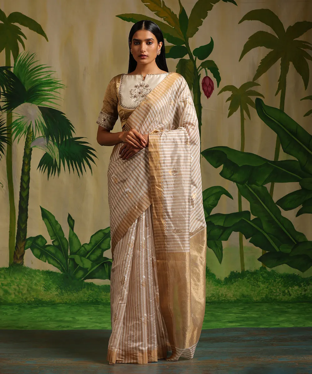 Handloom Cream And White Striped Pure Chanderi Silk Saree With Meena Booti