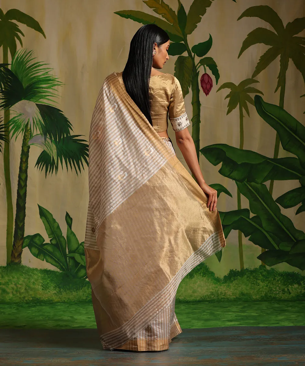 Handloom Cream And White Striped Pure Chanderi Silk Saree With Meena Booti