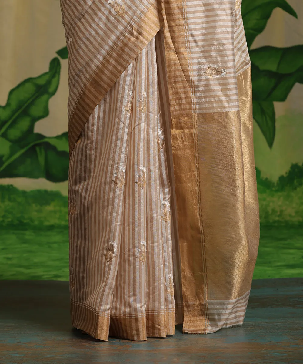 Handloom Cream And White Striped Pure Chanderi Silk Saree With Meena Booti