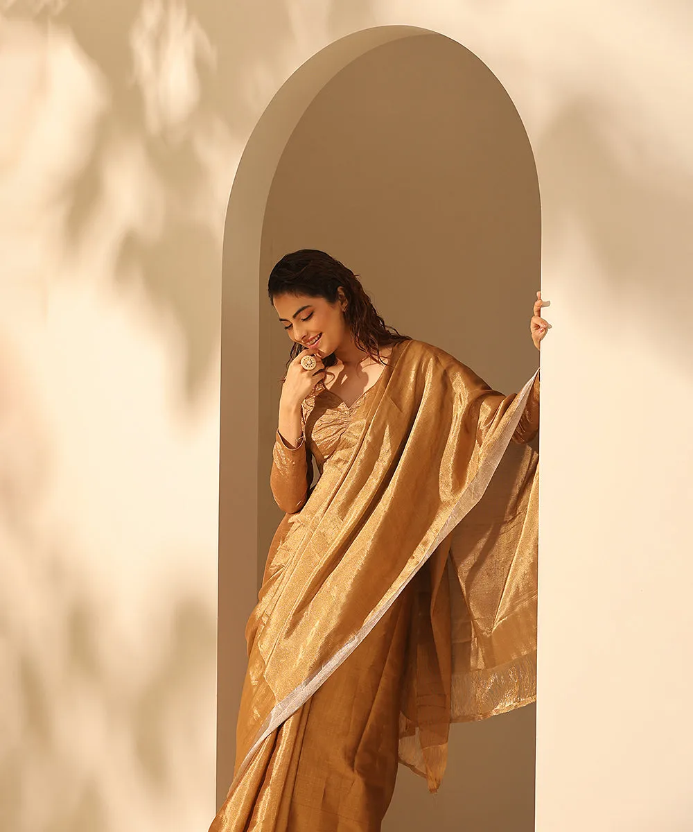 Handloom Gold Chanderi Tissue Silk Saree With Grey Border