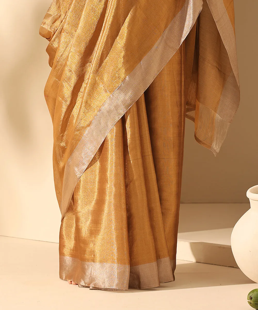 Handloom Gold Chanderi Tissue Silk Saree With Grey Border