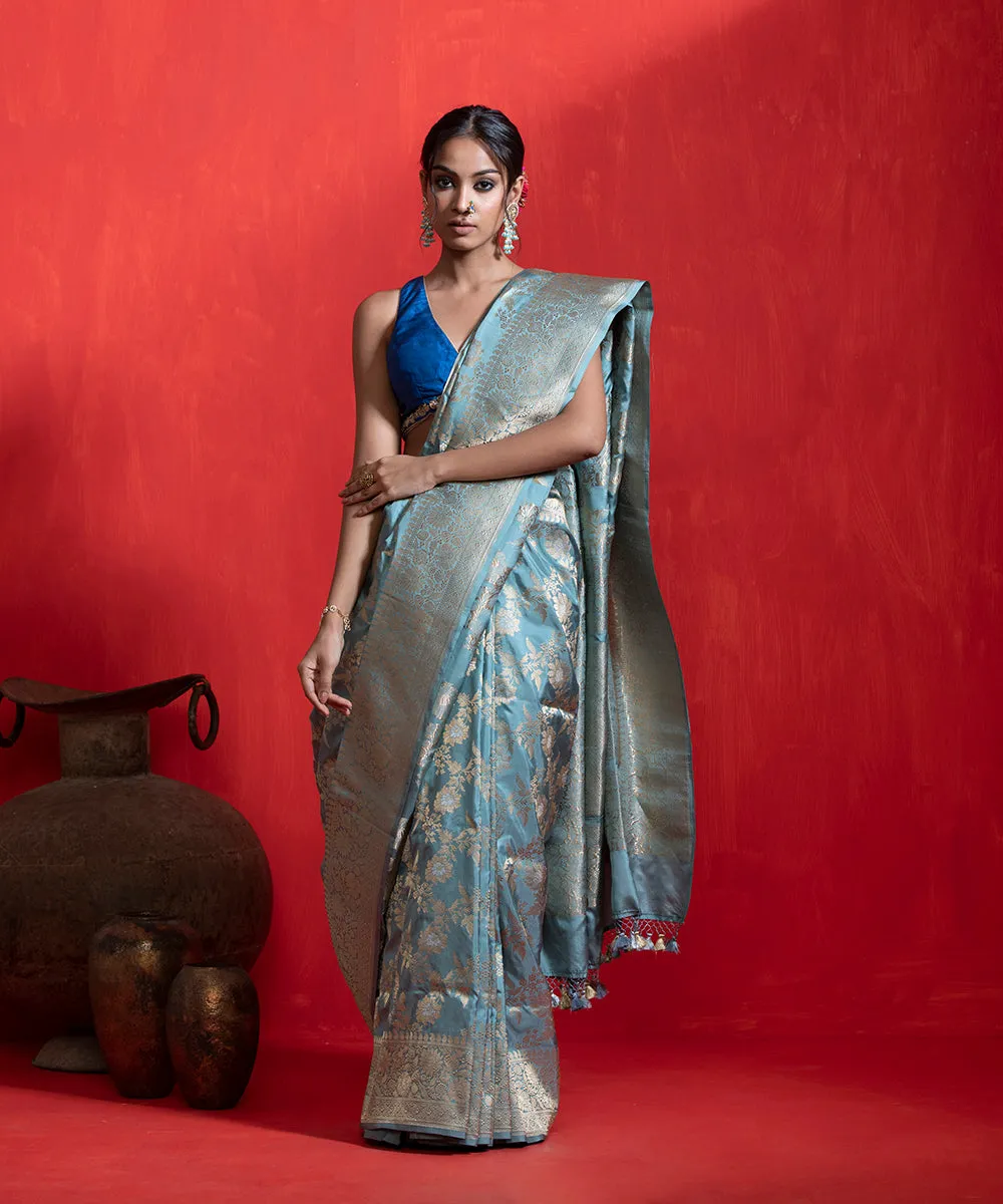 Handloom Ice blue Pure Katan Silk Banarasi Saree With Kadhwa Jaal