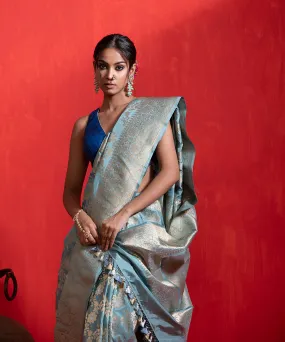 Handloom Ice blue Pure Katan Silk Banarasi Saree With Kadhwa Jaal