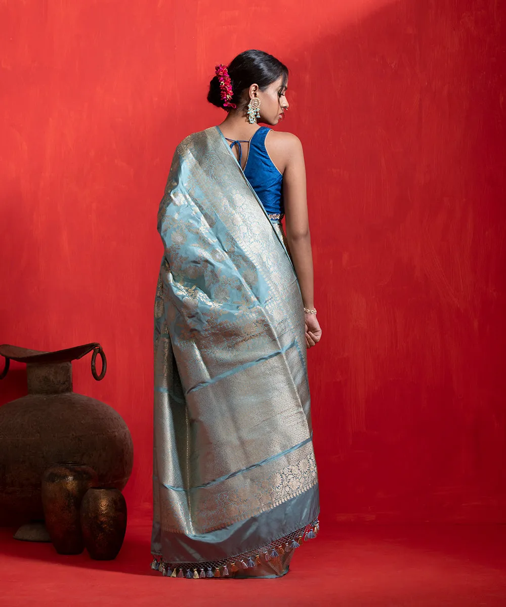 Handloom Ice blue Pure Katan Silk Banarasi Saree With Kadhwa Jaal