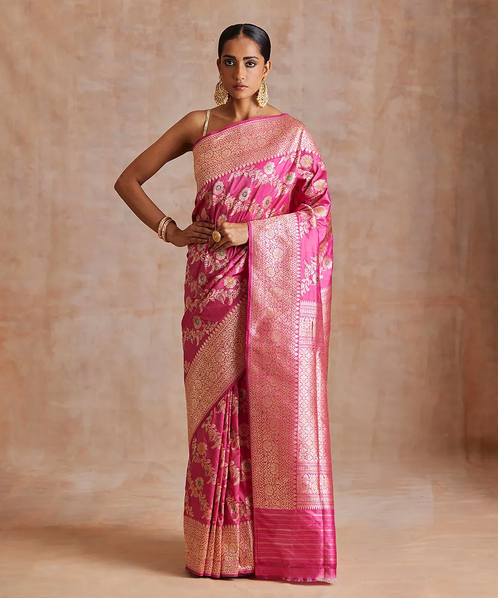 Handloom Magenta Pure Katan Silk Banarasi Saree With Meenakari Floral Jaal