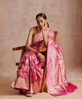 Handloom Magenta Pure Katan Silk Banarasi Saree With Meenakari Floral Jaal