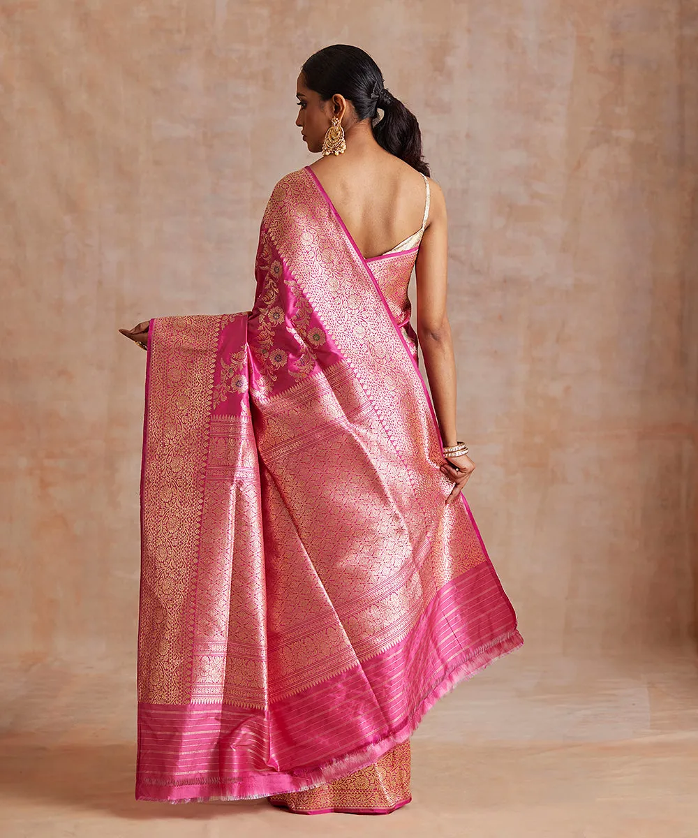 Handloom Magenta Pure Katan Silk Banarasi Saree With Meenakari Floral Jaal