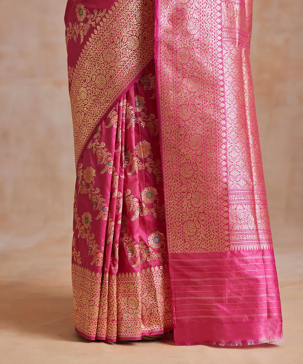 Handloom Magenta Pure Katan Silk Banarasi Saree With Meenakari Floral Jaal