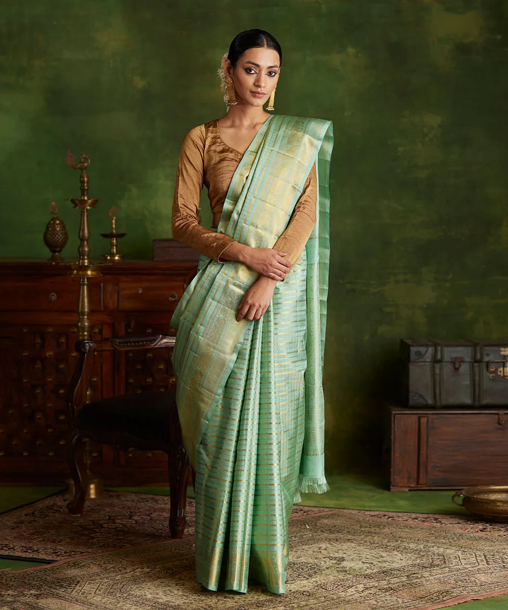 Handloom Mint Green Pure Silk Kanjivaram Saree With Gold Zari Checks