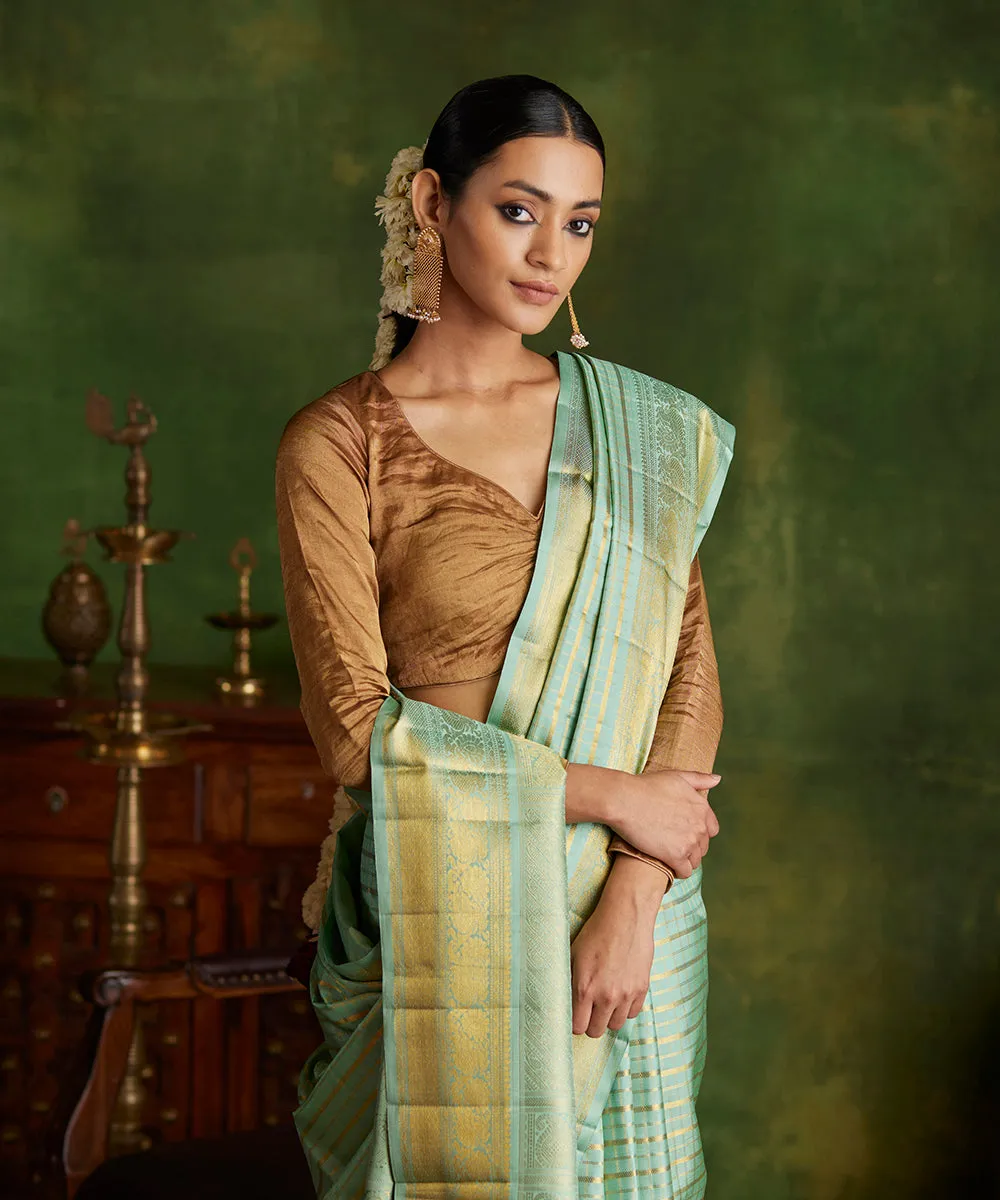 Handloom Mint Green Pure Silk Kanjivaram Saree With Gold Zari Checks