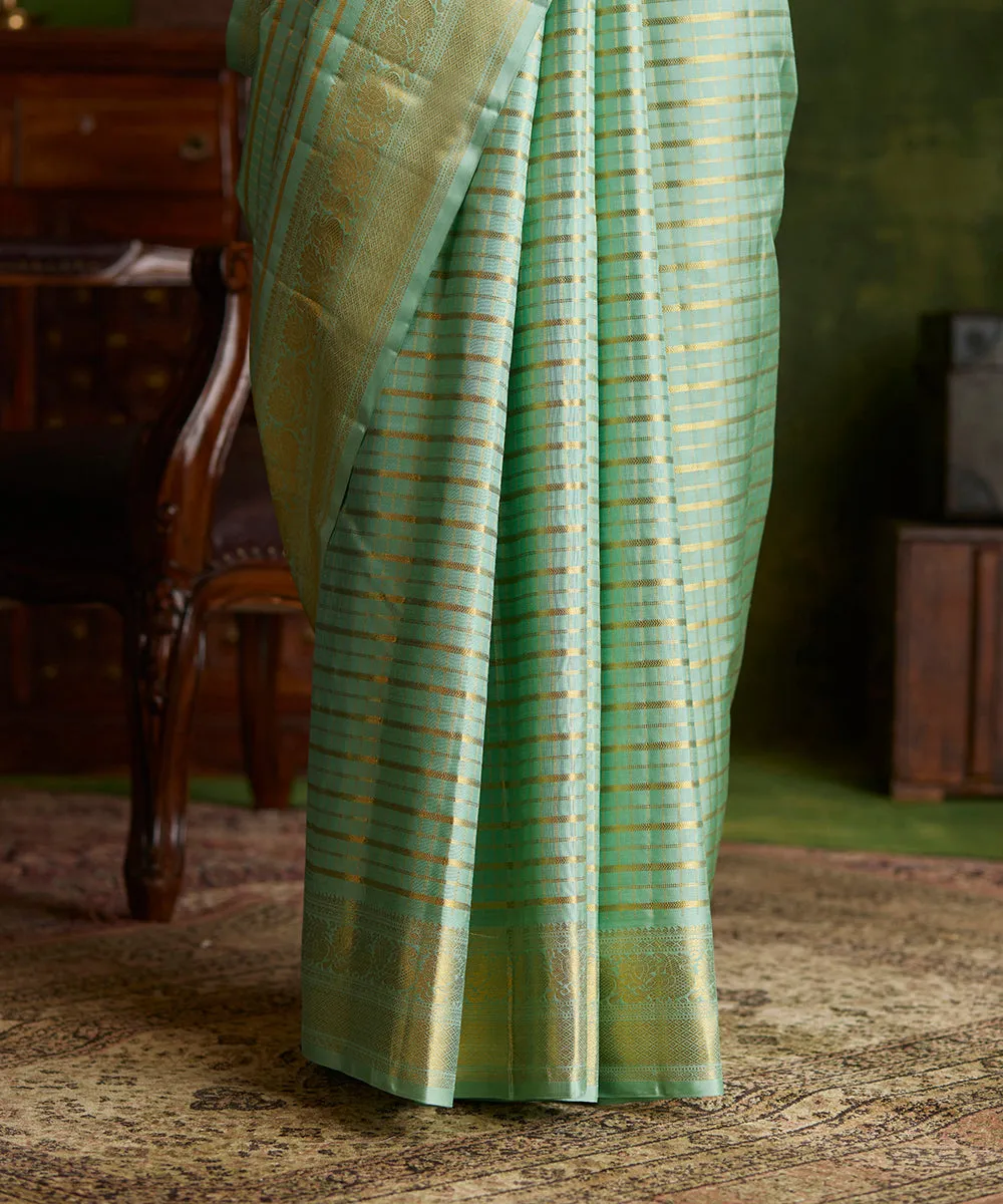 Handloom Mint Green Pure Silk Kanjivaram Saree With Gold Zari Checks