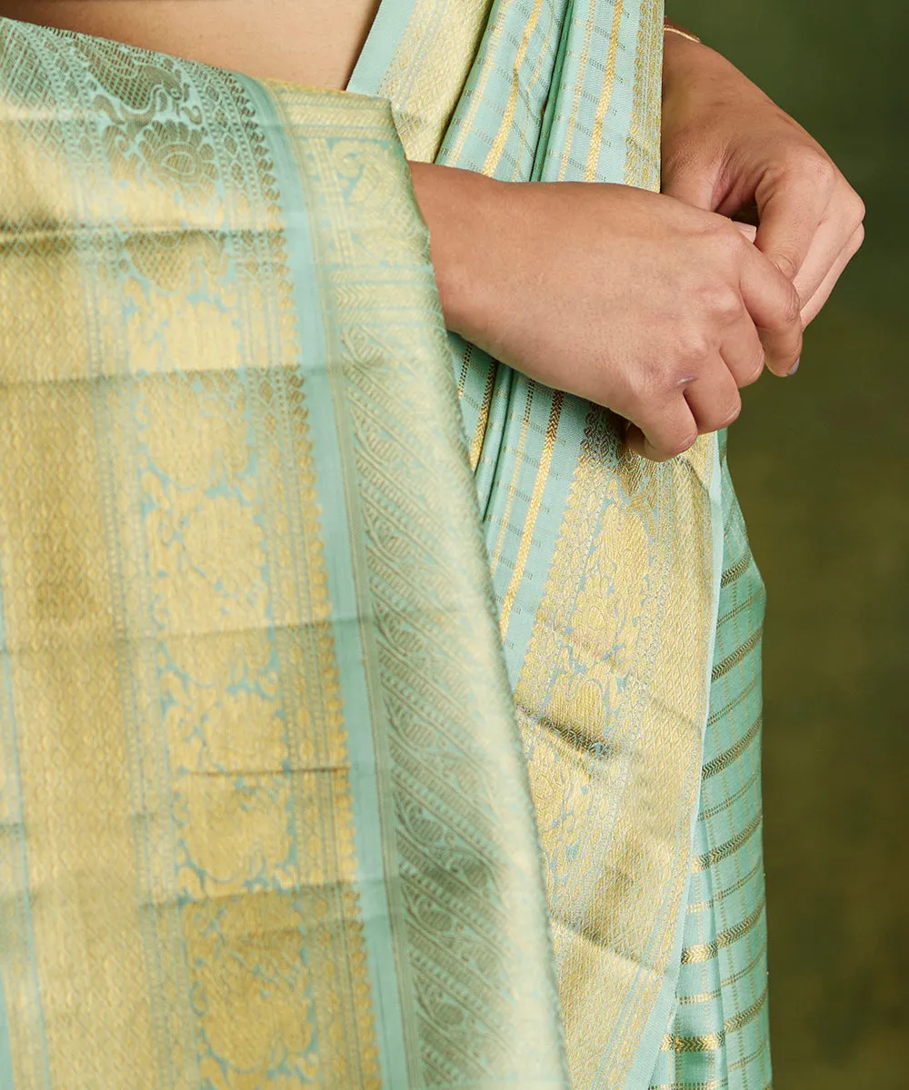 Handloom Mint Green Pure Silk Kanjivaram Saree With Gold Zari Checks