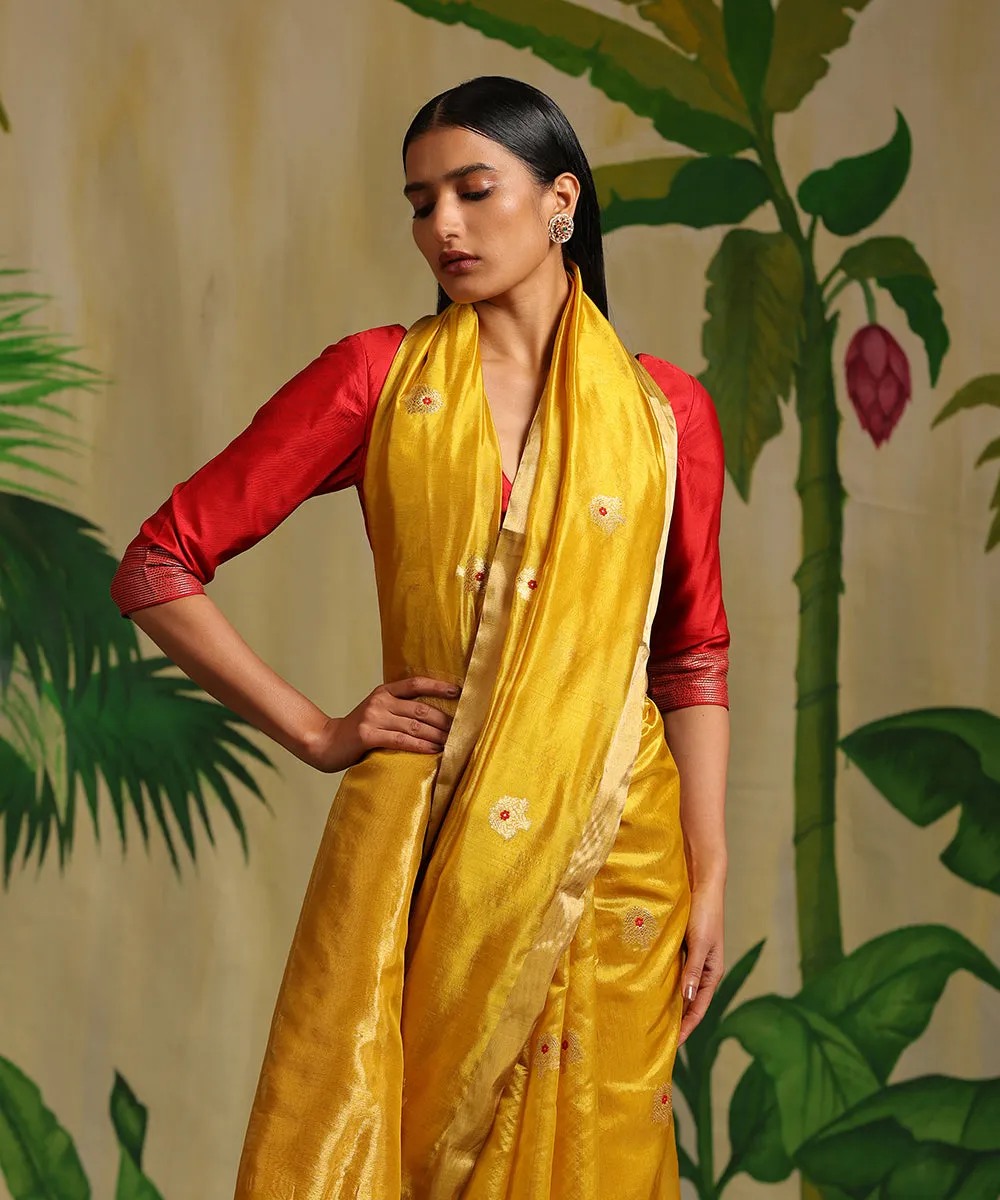 Handloom Mustard Pure Chanderi Silk Saree With Guldasta Booti