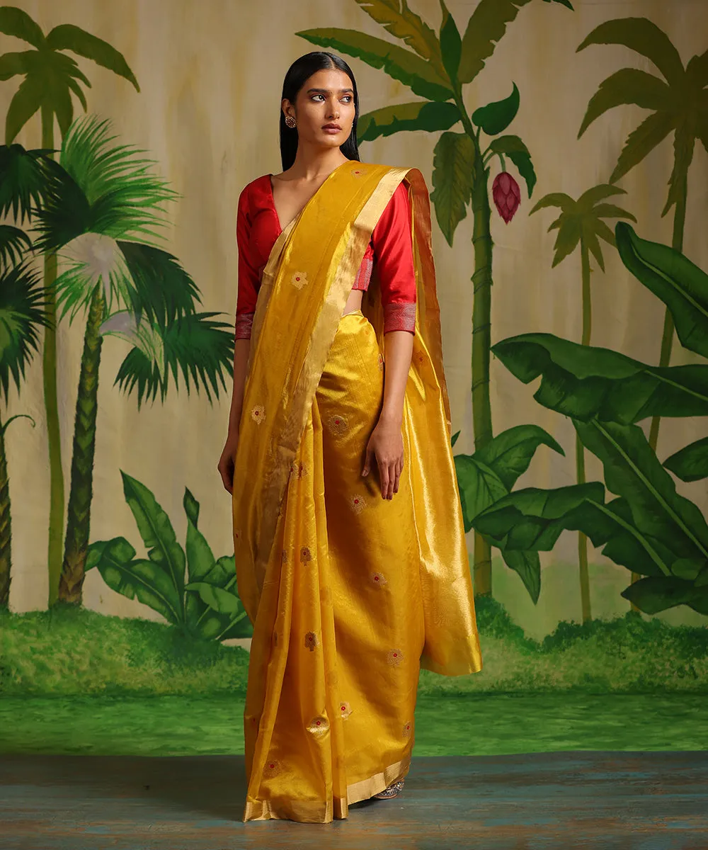 Handloom Mustard Pure Chanderi Silk Saree With Guldasta Booti