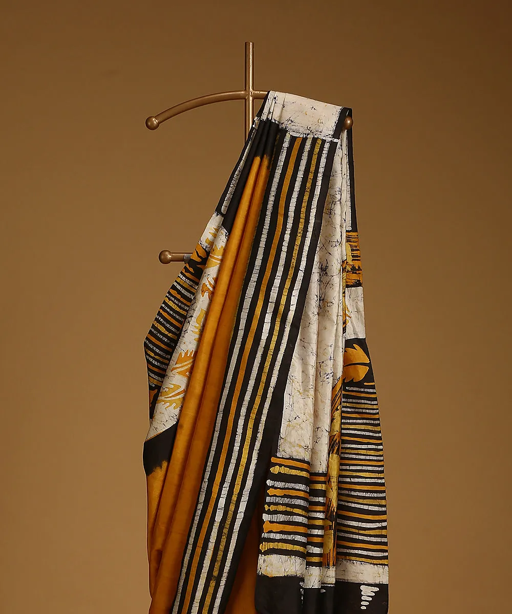 Handloom Offwhite And Mustard Pure Mulberry Silk Hand Batik Saree With Striped Border