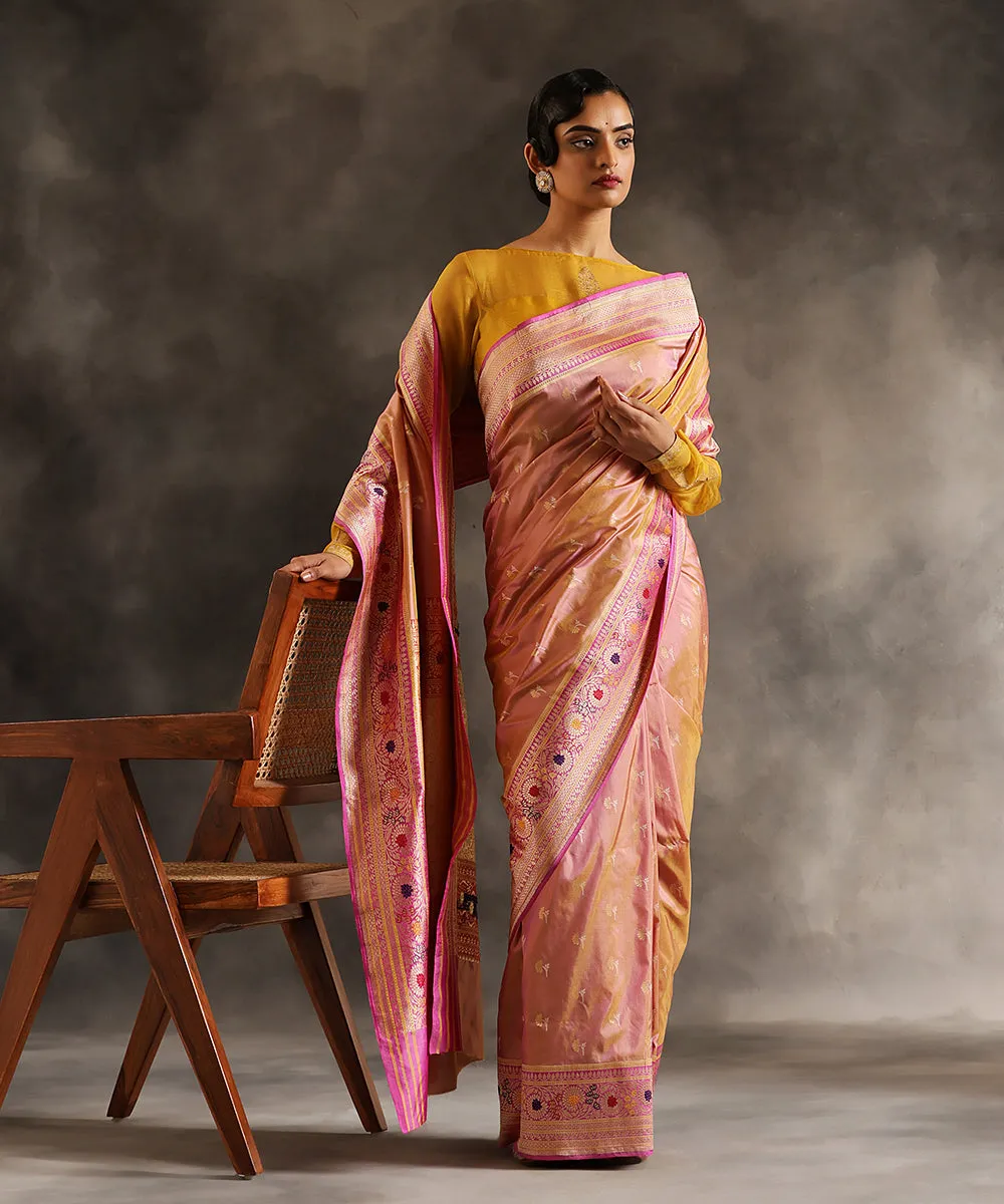 Handloom Old Rose Pink Pure Katan Silk Banarasi Saree With Pink Meenakari Floral Border