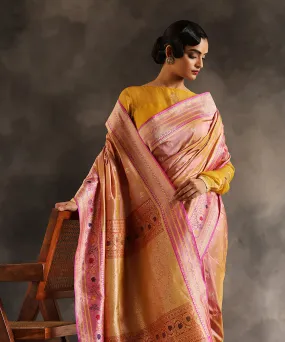 Handloom Old Rose Pink Pure Katan Silk Banarasi Saree With Pink Meenakari Floral Border