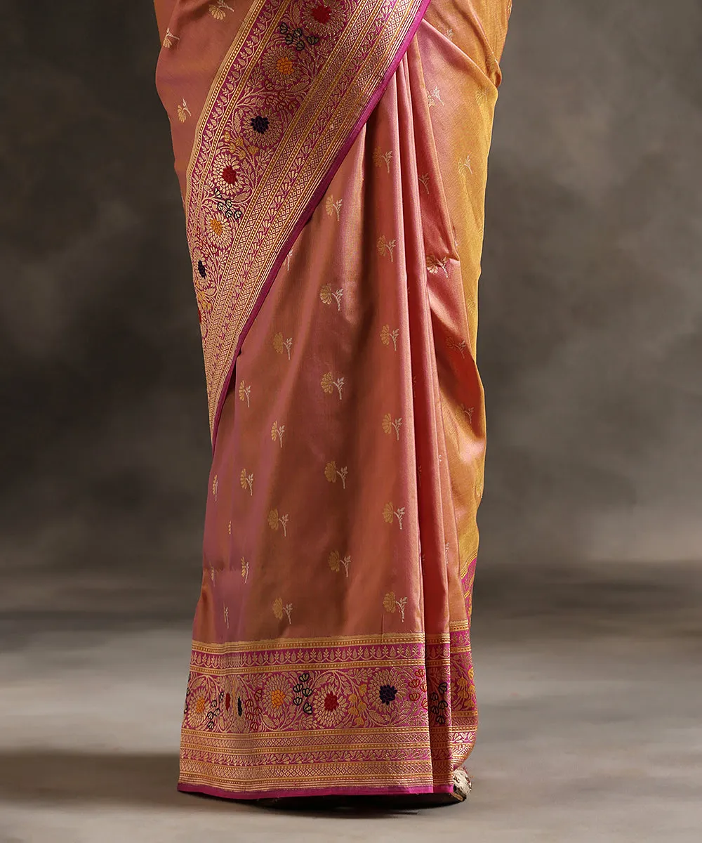 Handloom Old Rose Pink Pure Katan Silk Banarasi Saree With Pink Meenakari Floral Border