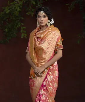 Handloom Peach And Pink Dual Tone Cutwork Katan Silk Banarasi Saree with Sona Rupa Jangla