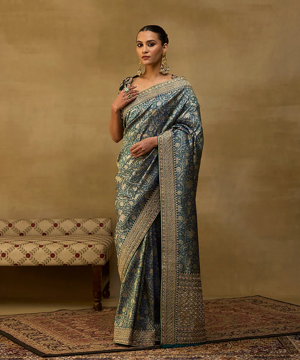 Handloom Peacock Blue Pure Katan Silk Shikargah Banarasi Saree With Hand Embroidery On Borders - Pre Order