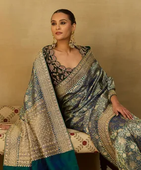 Handloom Peacock Blue Pure Katan Silk Shikargah Banarasi Saree With Hand Embroidery On Borders - Pre Order