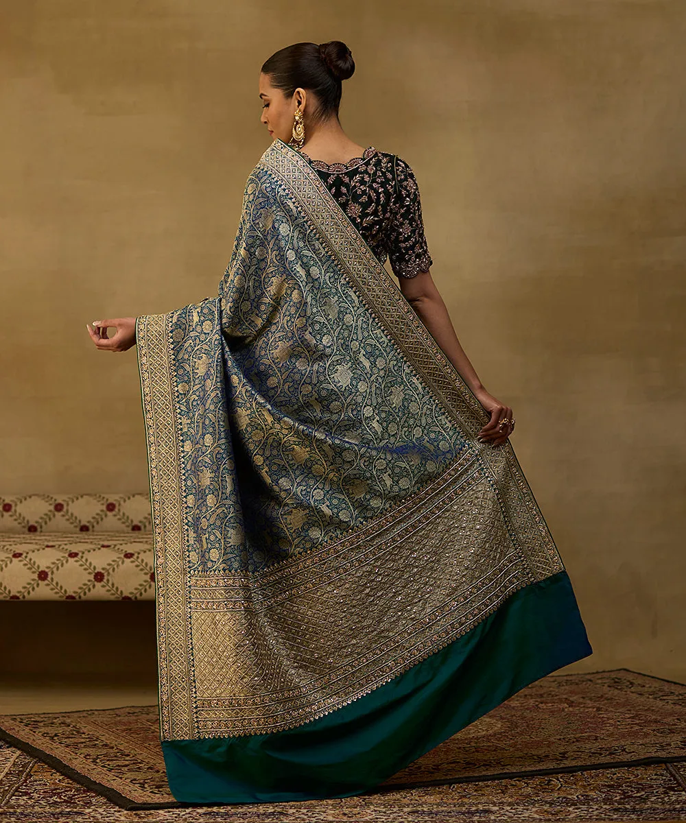 Handloom Peacock Blue Pure Katan Silk Shikargah Banarasi Saree With Hand Embroidery On Borders - Pre Order